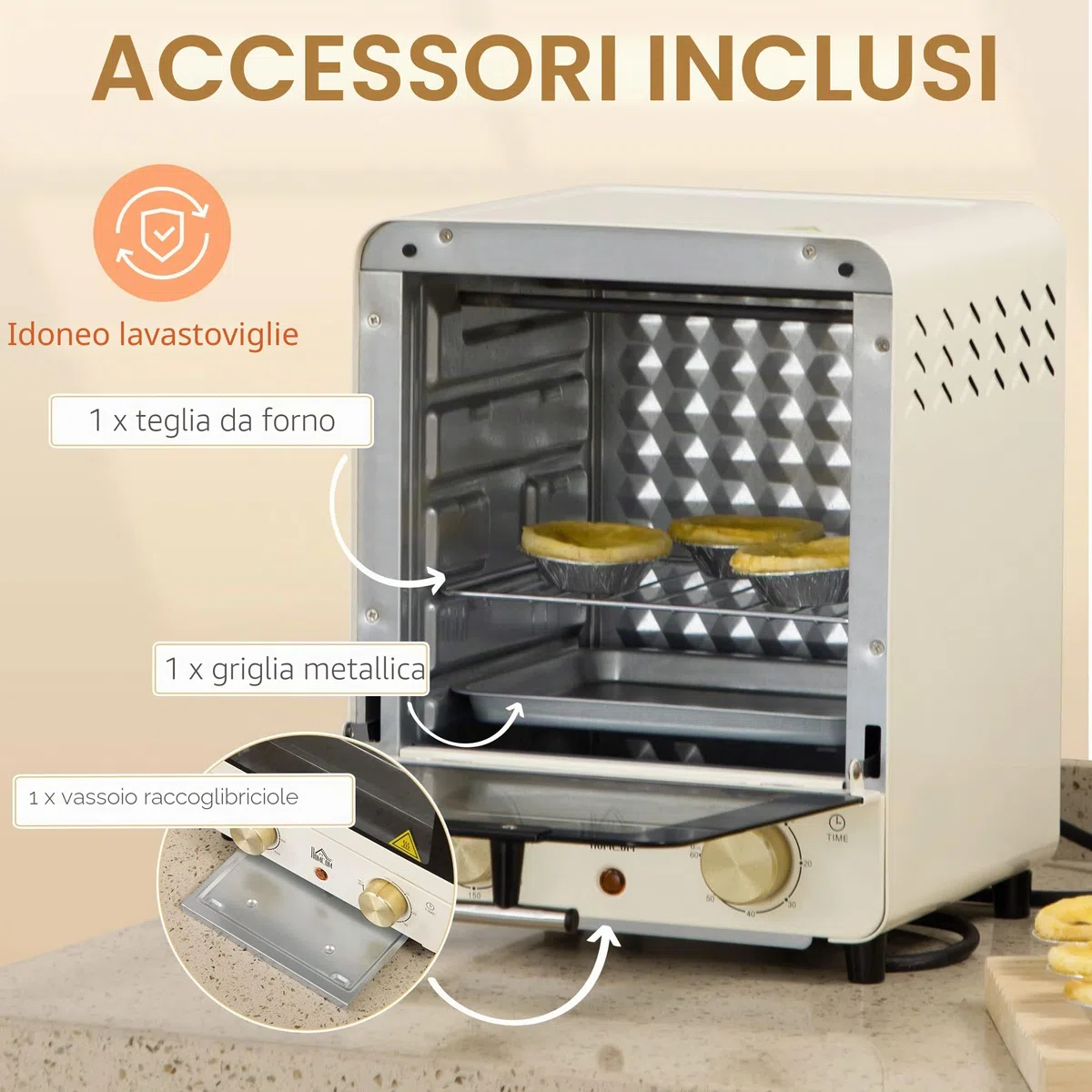 HOMCOM Mini forno 15L, forno per pizza a convezione, 1000 W Mini forno elettrico con set di teglie, vassoio per le briciole, timer di 1 ora, 60-230℃, bianco crema