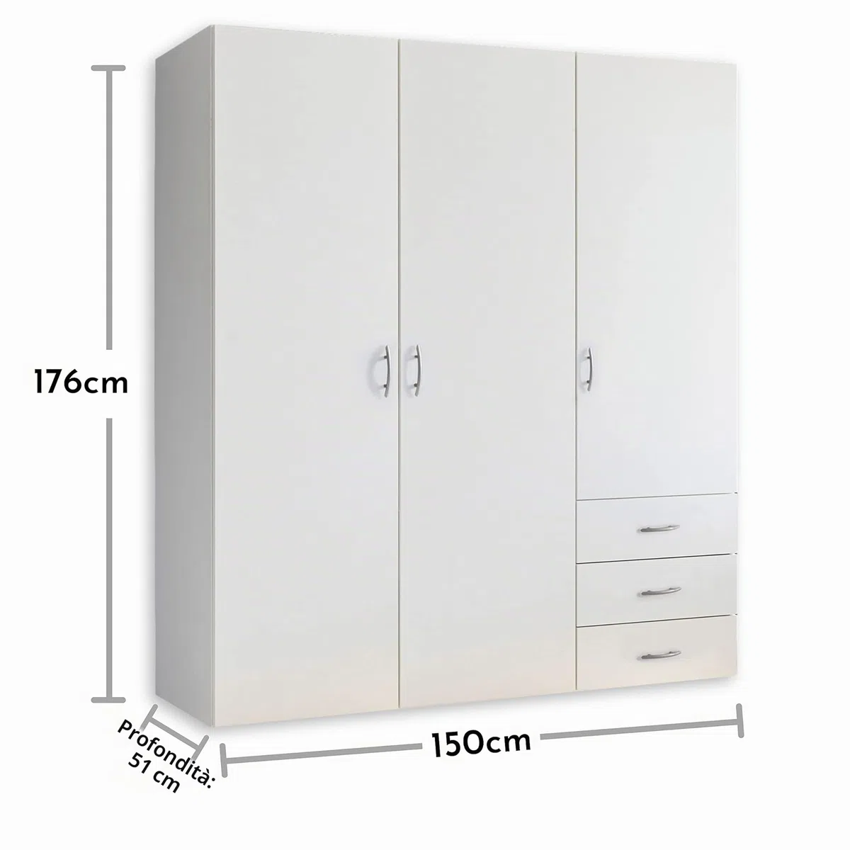 Stella Trading HARRY, Guardaroba bianco, Versatile armadio con 3 ante battenti per la camera da letto, 150 x 176 x 51 cm (larghezza x altezza x profondità)