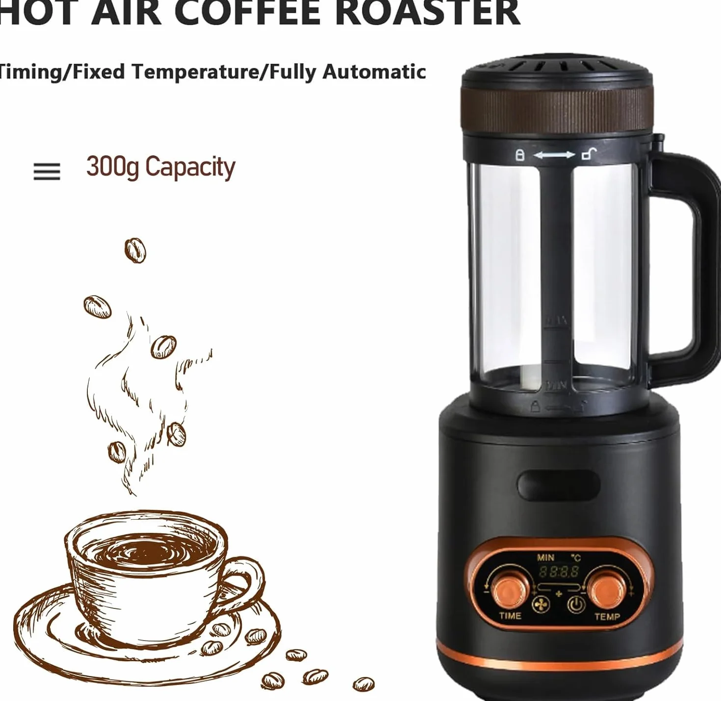 Tostatrice per caffè, Tostatrice elettrica per Chicchi di caffè da 2400 W con Tempo e Temperatura Regolabili, Tostatrice per Chicchi di caffè da 300 g, Kit per tostatura del caffè PE