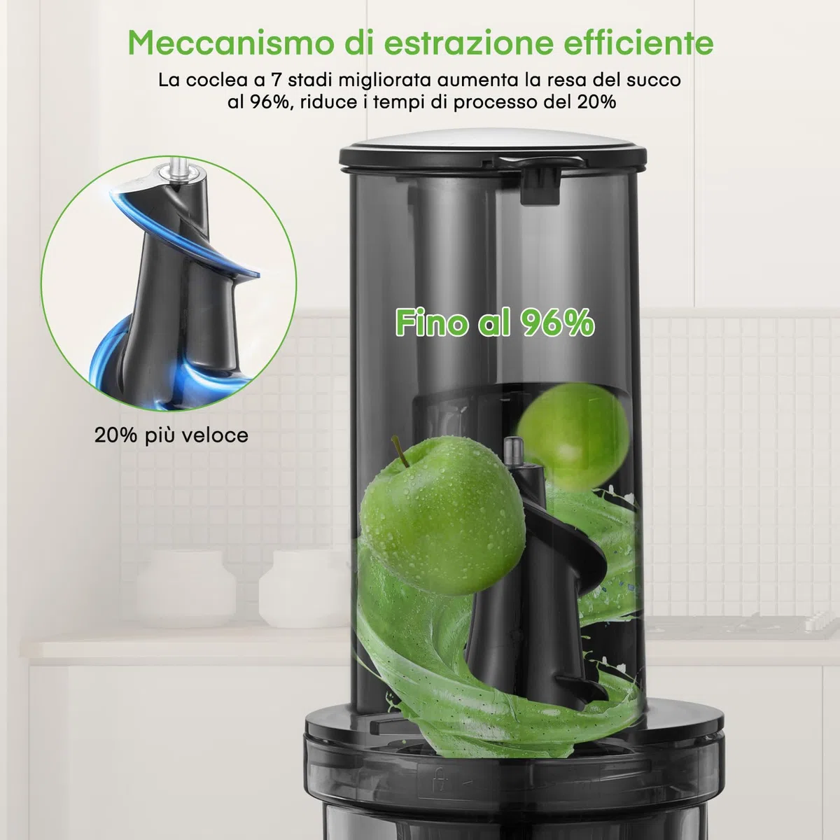 Estrattore Frutta e Verdura con 119MM Senza Preparazione , Estrattore di Succo a Freddo con 200W Motore Silenzioso e Funzione Inversa che, Facile da Pulire con un Pennello