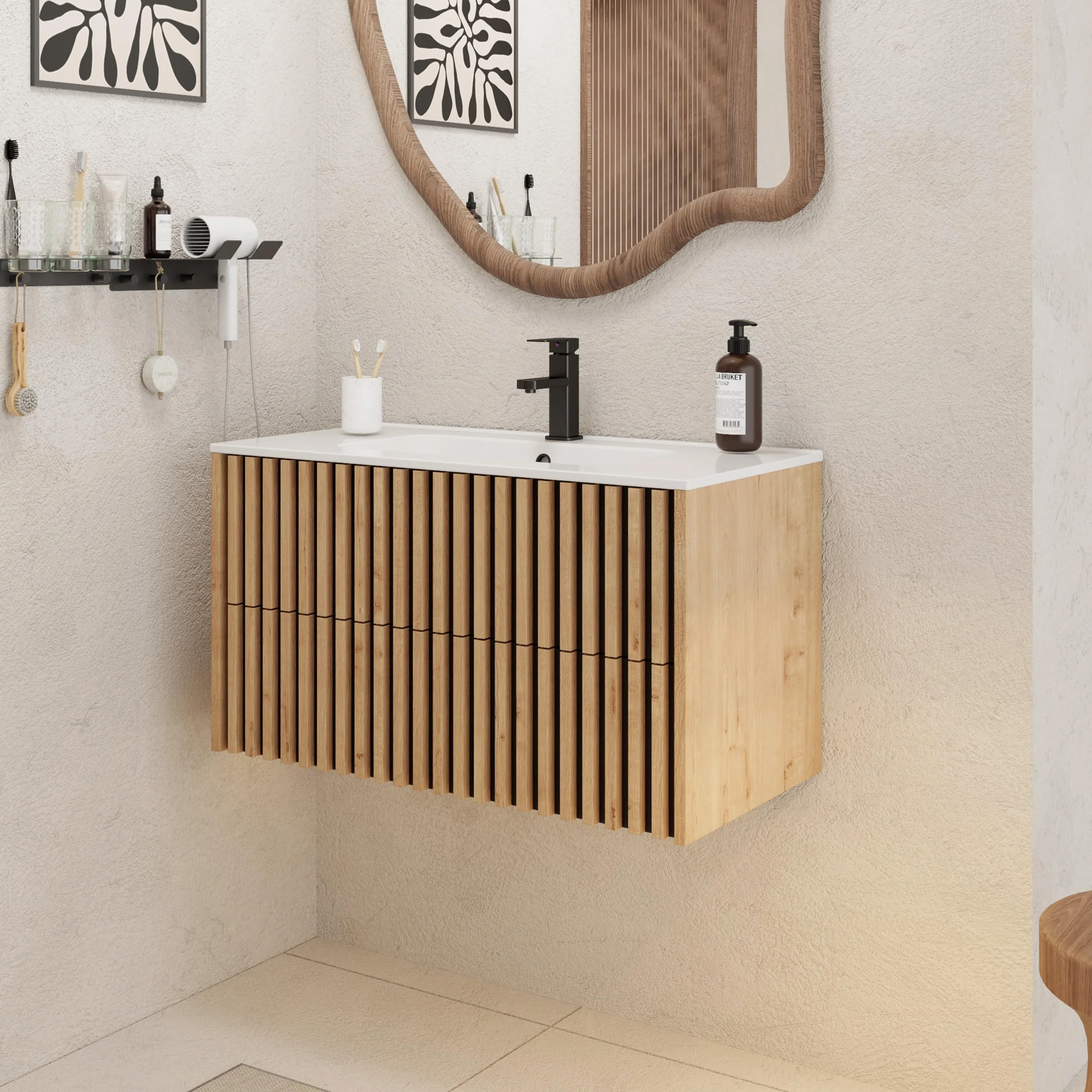 UEV Mobiletto Bagno Sospeso da 90CM con Lavabo in Ceramica, Mobiletti Lavabo Incluso con 2 Cassetti da Archiviazione, Lavadino Bagno con Mobile Moderno e Pratico, Bianco Avorio