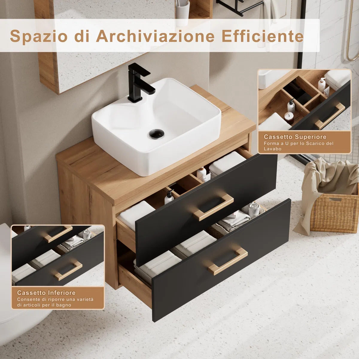 UEV Mobile Bagno 80CM con Lavabo in Stile Rustico,Lavandino con Mobiletto da Parete, Mobiletto Bagno Sospeso Impermeabile e Resistente, Nero