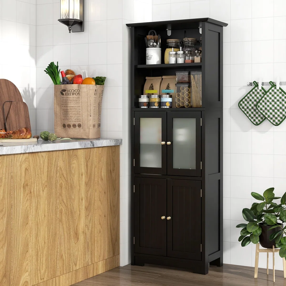 LIFEZEAL Mobiletto Alto da Bagno Salvaspazio, Mobiletto Multiuso in Legno, 60x30x163cm, Mobile Bagno con 2 Ante in Vetro, Armadietto da Terra con Ripiani Regolabile per Cucina e Soggiorno (nero)