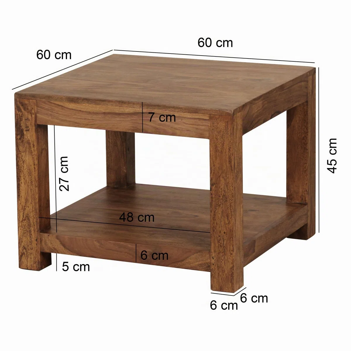 FineBuy Tavolino da caffè Legno Massello Sheesham 60x45x60 cm Disegno Tavolo | Tavolo da salotto con vano portaoggetti Piazza | Divano tavolo