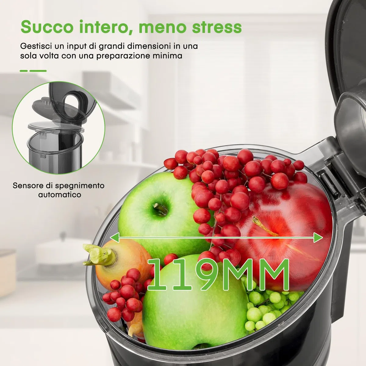 Estrattore Frutta e Verdura con 119MM Senza Preparazione , Estrattore di Succo a Freddo con 200W Motore Silenzioso e Funzione Inversa che, Facile da Pulire con un Pennello