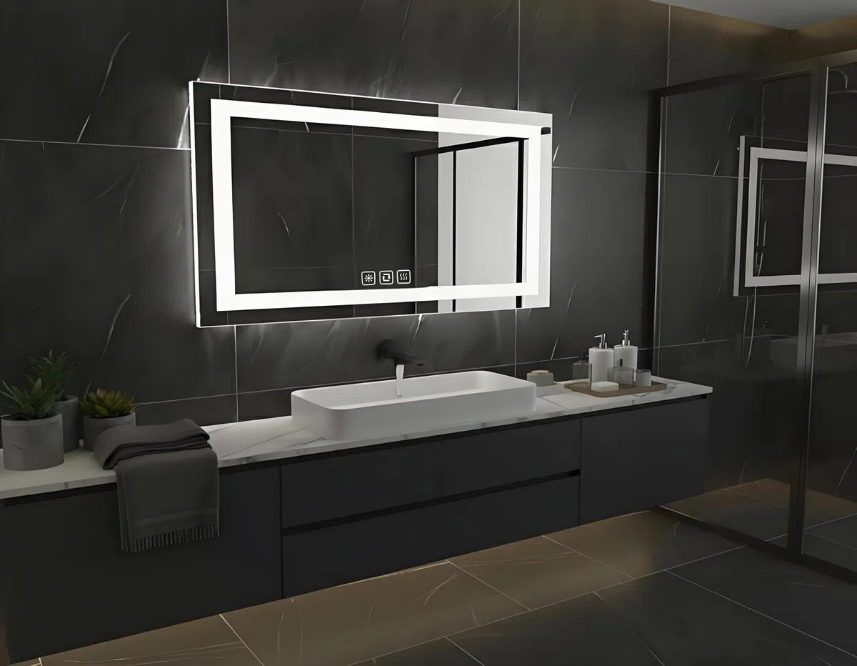 Specchio da bagno con illuminazione, rettangolare, 60 x 100 cm, specchio da parete a LED, 3 colori di luce, dimmerabile, con touch, anti-appannamento, CRI90+, vetro temperato