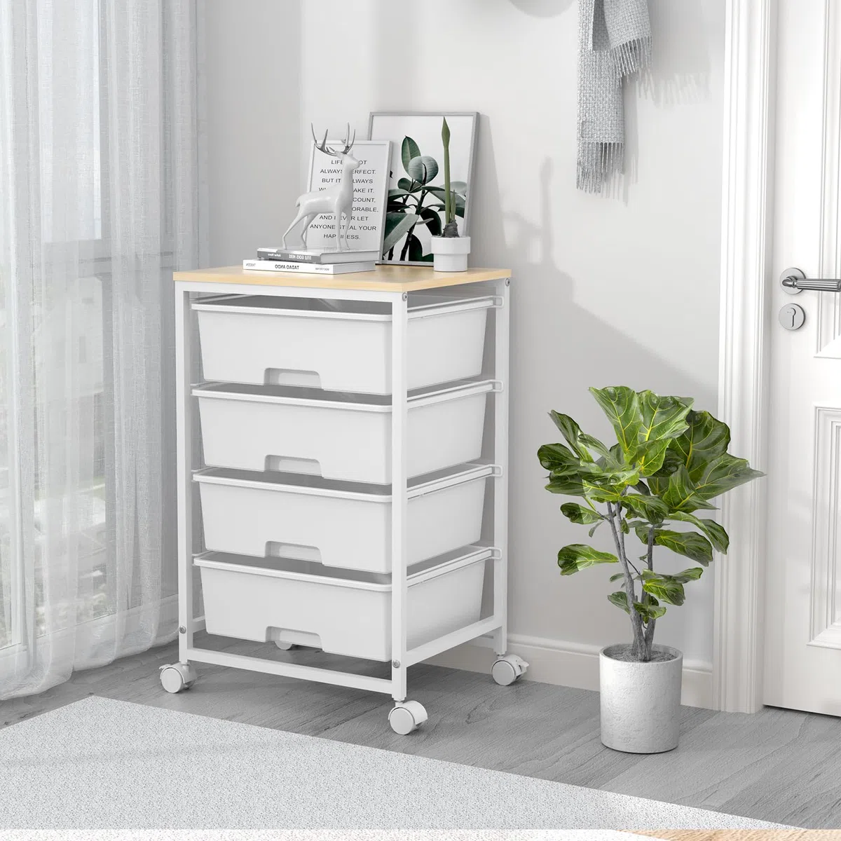 SYKIARIOL Carrello portaoggetti a 4 cassetti su ruote con piano tavolo in legno, per cucina, soggiorno, camera da letto, movimento semplice, grande capacità, 4 cassetti, bianco