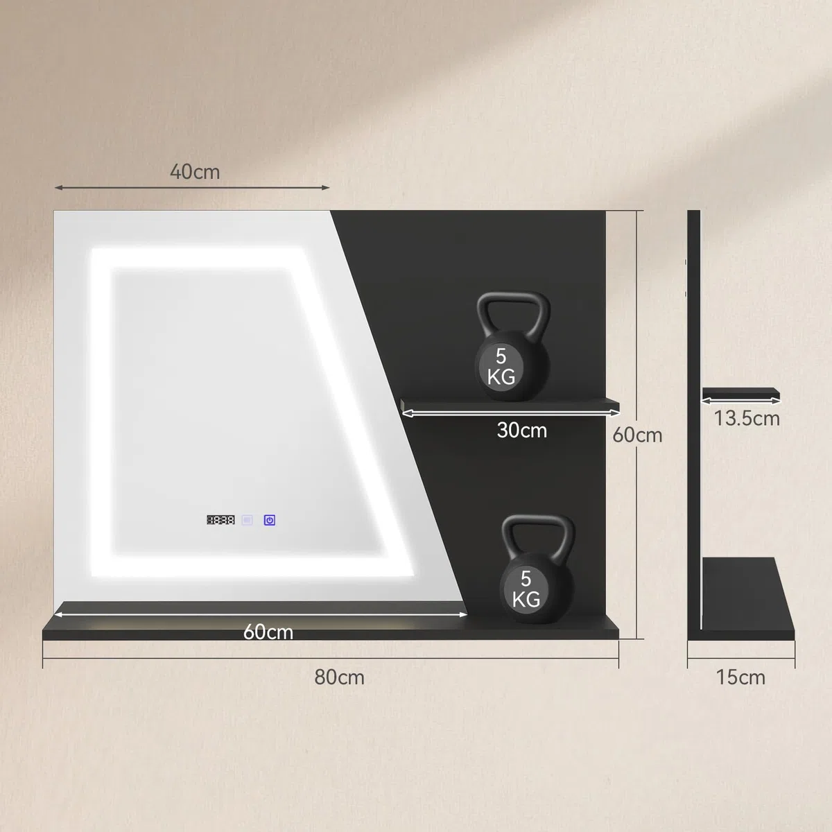 YU YUSING Specchio Bagno LED 80x60 cm con 2 Ripiani, Specchio da Parete con Led, 3 Colori, Luce Regolabili, Contro Touch, Display dell'Ora e Temperatura, Antiappannamento, IP44, Moderno, Nero
