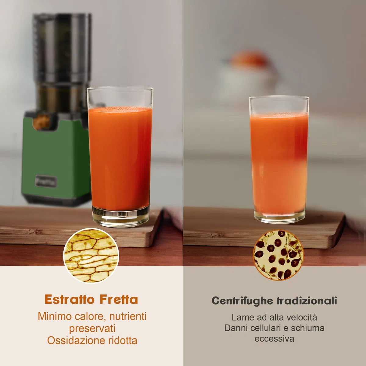 Fretta Estrattore di succo a masticazione lenta 250 W, tecnologia a pressione a freddo per succo ricco di sostanze nutritive, ampio scivolo 135 mm, facile da pulire, senza BPA (Verde)