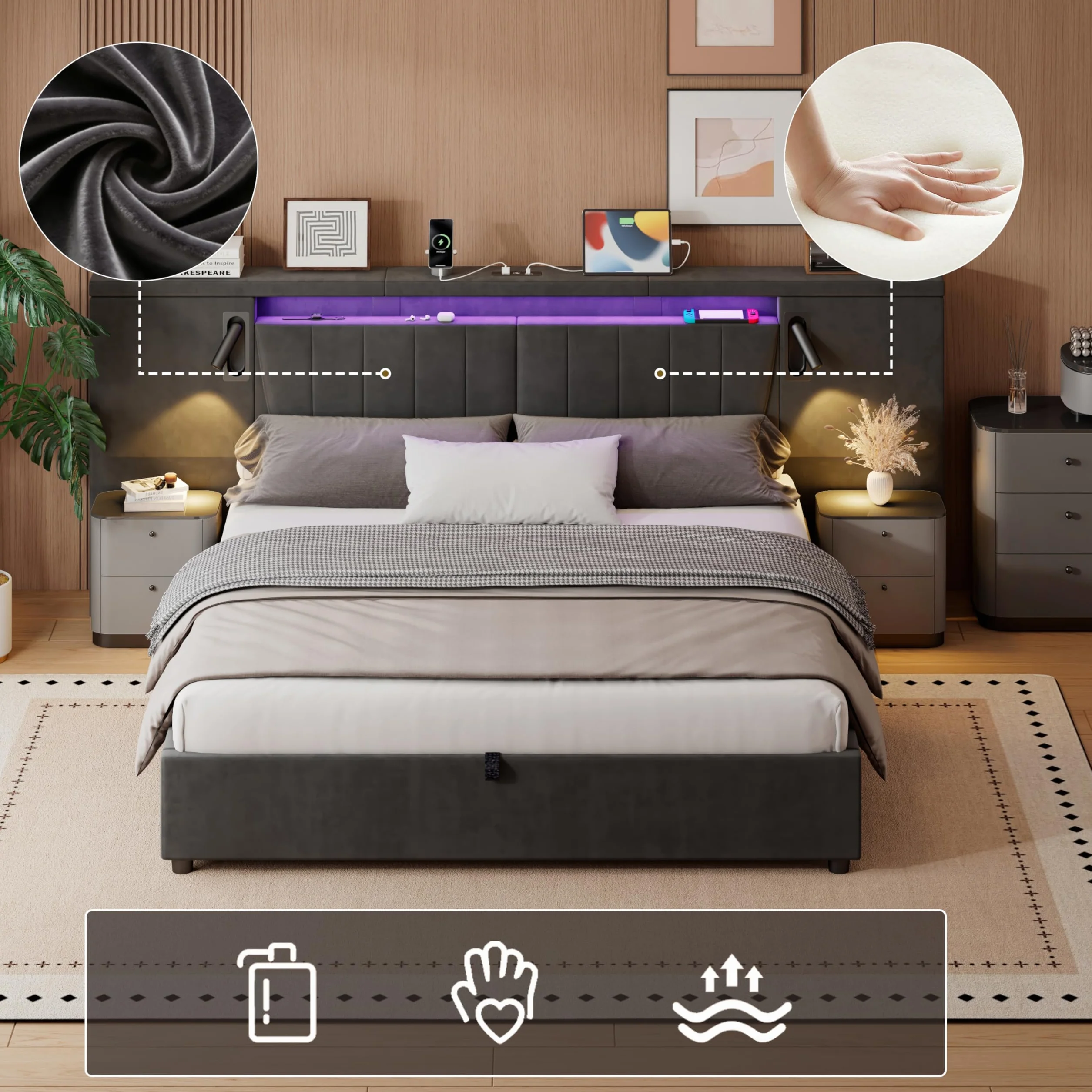 Letto Matrimoniale 180x200 con LED Testiera larga, Letto Contenitore Matrimoniale con porta USB e Lampada, Struttura Letto Matrimoniale Imbottito 180x200, Senza Materasso, Velluto Grigio