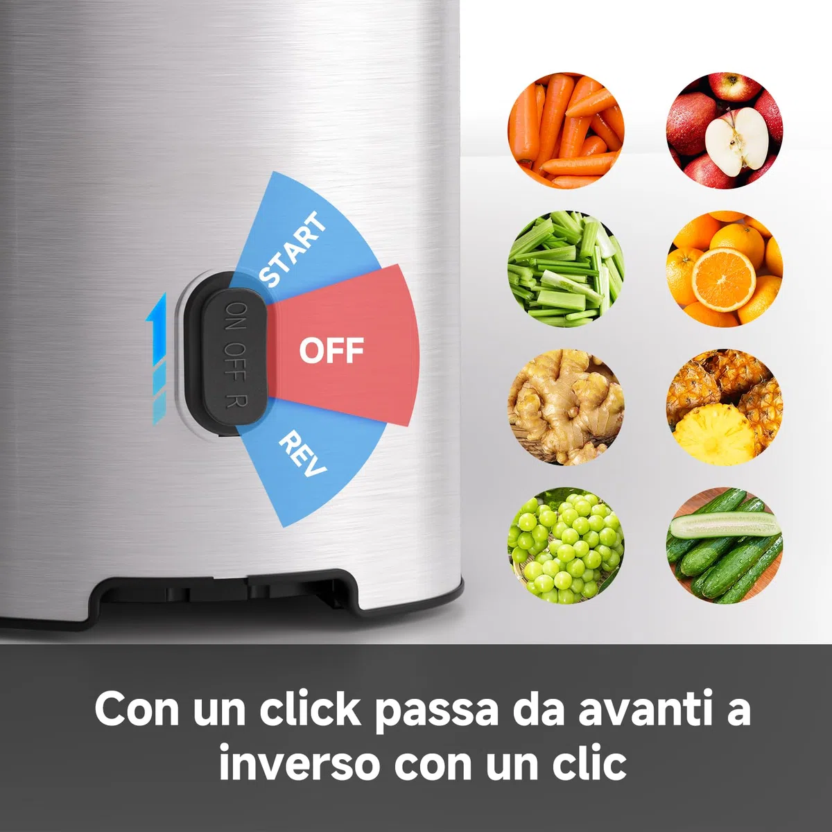AMZCHEF Spremiagrumi – Slow Juicer con larghezza 135 mm e tubo di alimentazione più grande per verdure e frutta intere – Spremiagrumi facile da pulire con 2 bicchieri, argento