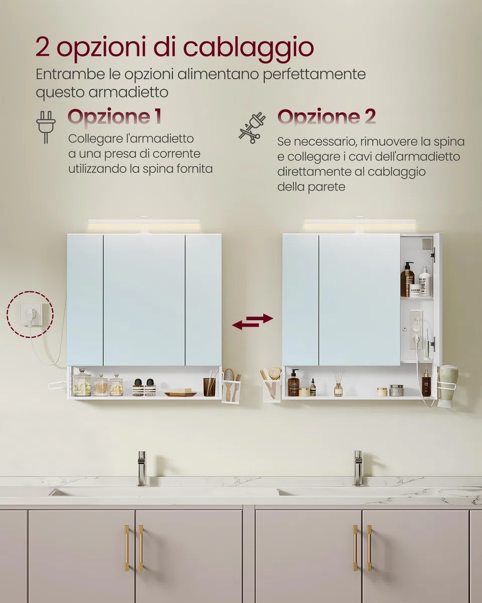 VASAGLE Mobile da Bagno con Illuminazione LED, 16,5 x 70 x 75 cm, Cestino Sospeso, Supporto per Asciugacapelli, per Lavabo, Bianco Nuvola BBK126W01