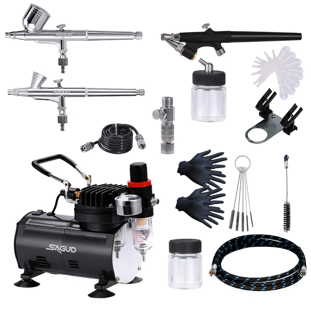 Set di aerografo con compressore, Pistola per aerografo Double Action con 3 aerografi, 0,2 mm, 0,3 mm, 0,8 mm, ugello e ago per Hobby, modellismo, Unghie