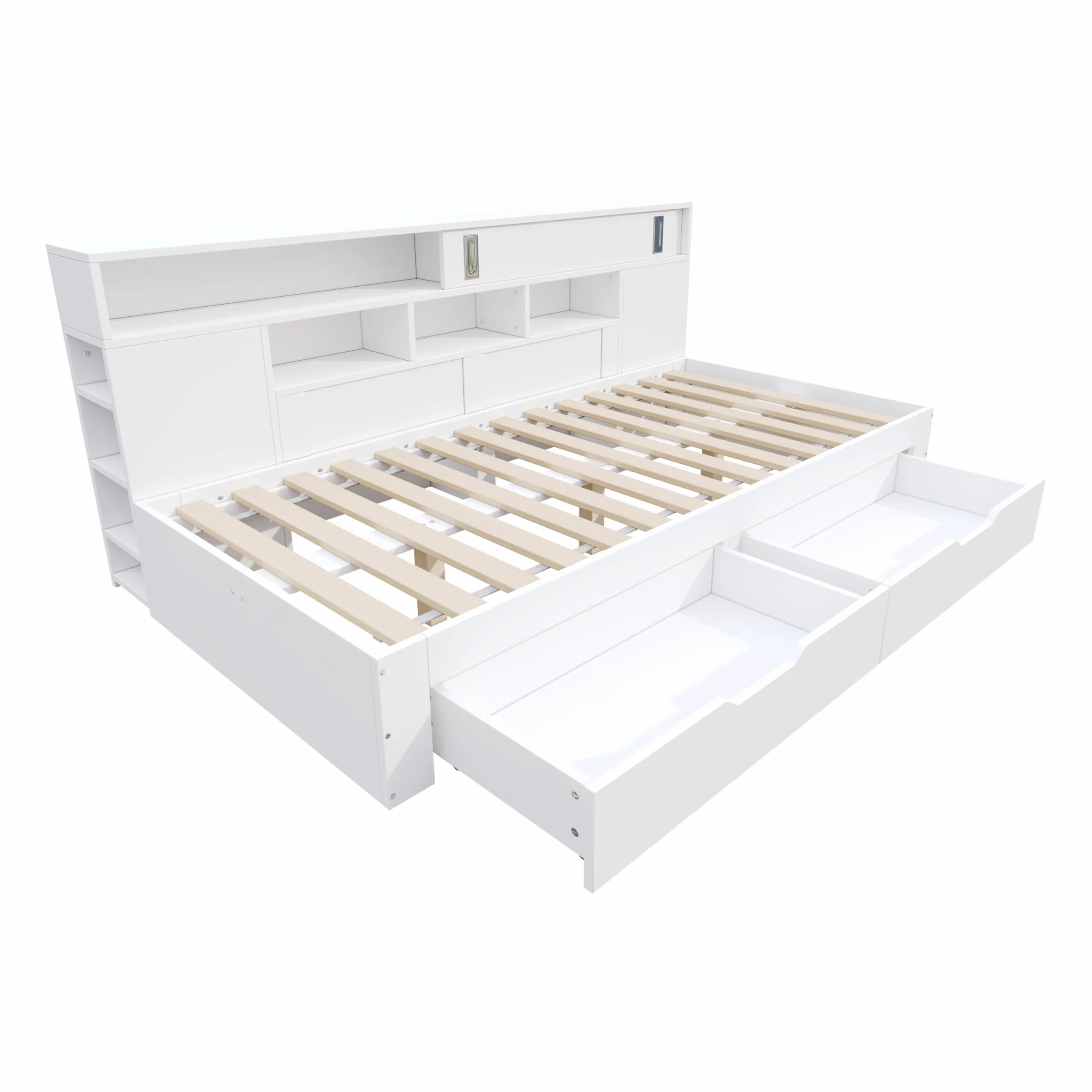 Letto per bambini 90x200, letto singolo con ripiani e armadio contenitore, letto contenitore con cassetti, struttura letto con rete a doghe, per adulti e ragazzi, senza materasso, bianco