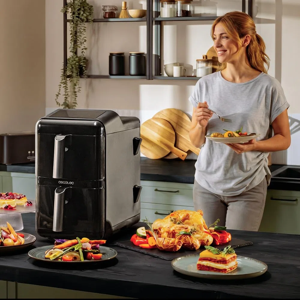 Cecotec Friggitrice ad Aria Verticale 12L Cecofry DuoLevel 12000 Window. 2900W, 2 Cestelli 6L, Finestra, Sync, 10 Menù, Temp Dual per Grandi Quantità, Cucina Veloce e Sana con Davvero Molto Poco Olio