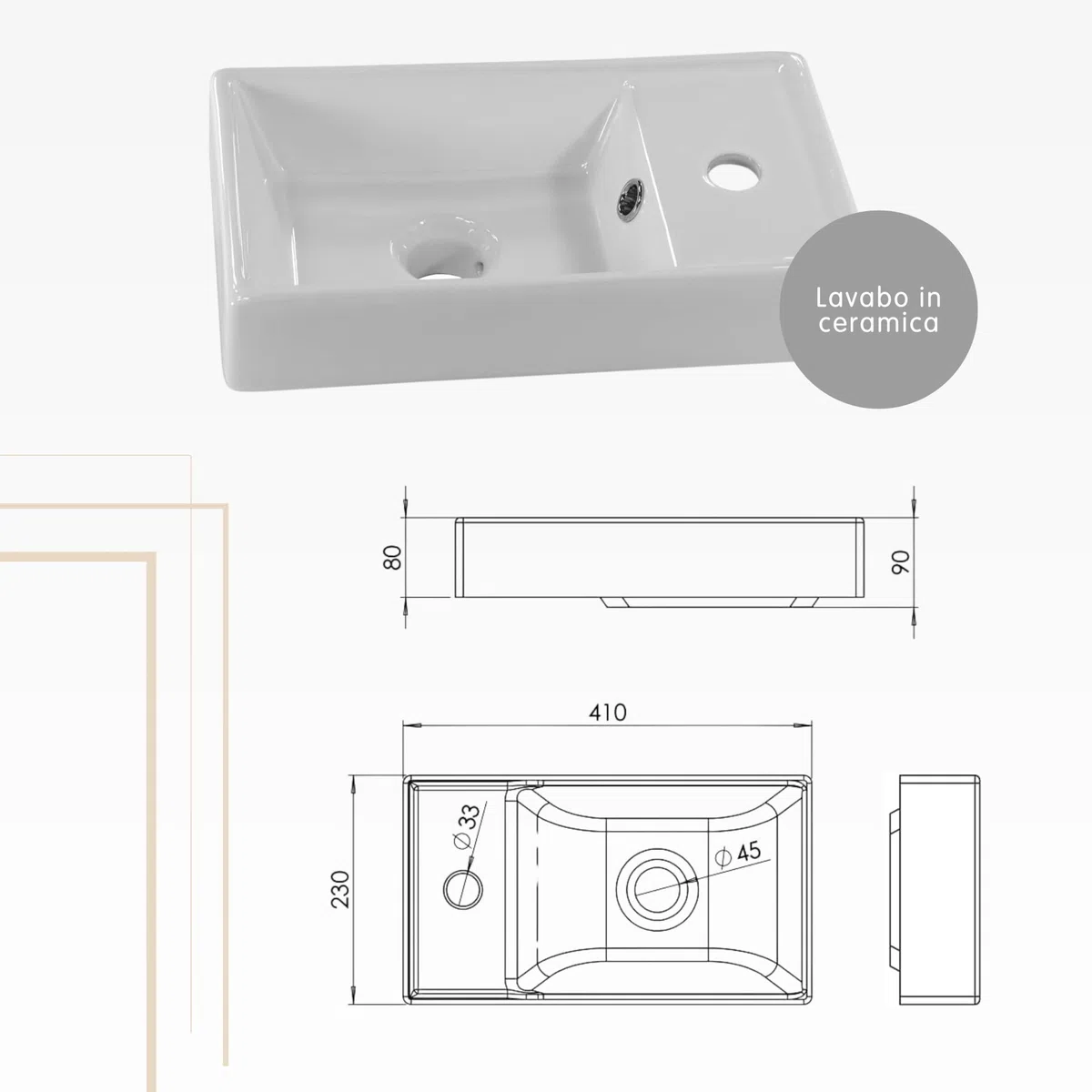 Lavandino Bagno con Mobiletto 41 cm Malibu, Ceramica, Mobile Bagno con Lavabo, Mobile Lavabo, Mobiletto Sotto Lavandino - Bianco