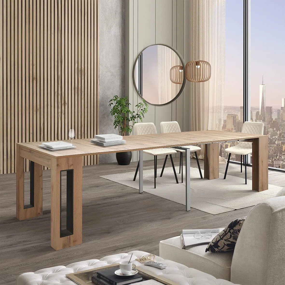 PAZZO DESIGN, Tavolo Consolle Allungabile Con Porta Prolunghe Elvire, Rovere Rustico, Fino A 12 Posti, Tavolo Consolle Cucina, Tavolo Consolle Salvaspazio, Made in Italy, Da 45 A 300 Cm - id_1931