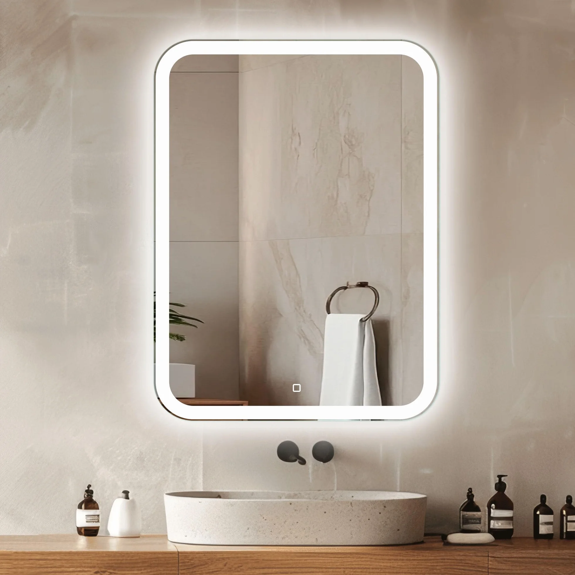 Venti Specchio Bagno Verticale 60x80cm con Luce LED, Specchio Bagno Retroilluminato, con Interruttore Touch, Angoli arrotondati rettangolare con luce LED Frontale Bianca Naturale