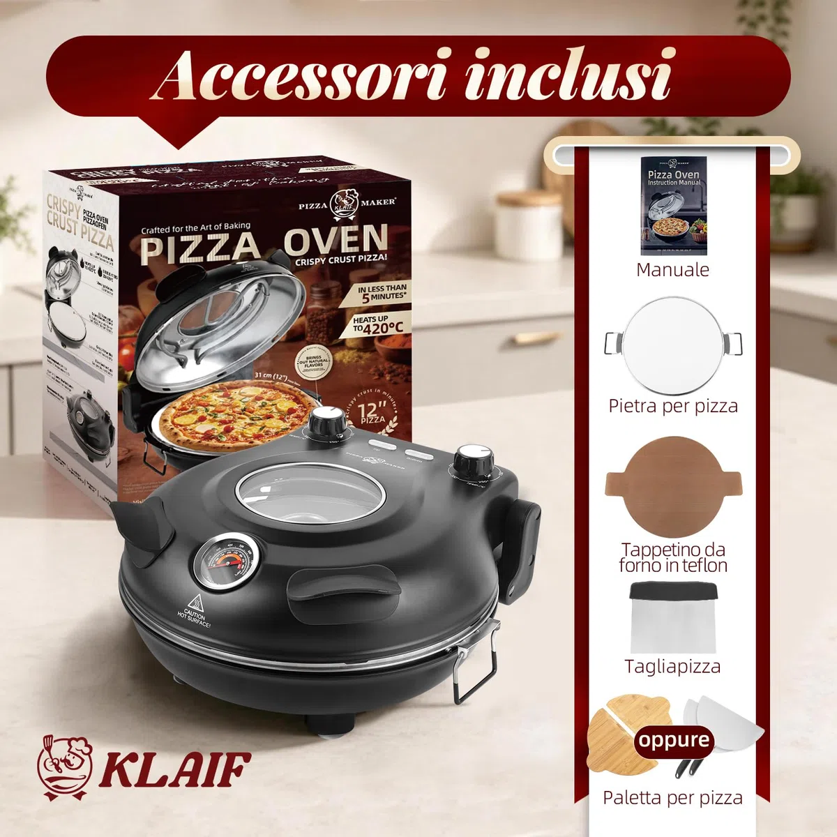 KLAIF Forno elettrico per pizza da banco con pietra in ceramica da 31 cm, due controlli di temperatura regolabili, inclusi 4 utensili per pizza, LMC-Nero
