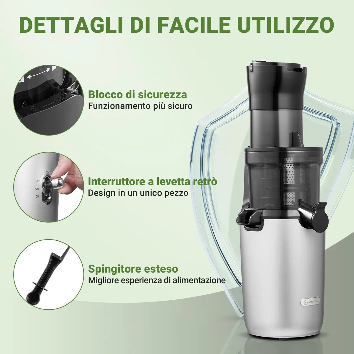AMZCHEF Estrattore Frutta E Verdura Per Tutta La Frutta - Estrattore A Freddo Frutta E Verdura Con 80MM Scivolo Alimentare, Coclea Potenziata, Filtro A Doppio Strato, Motore Silenzioso - Argento
