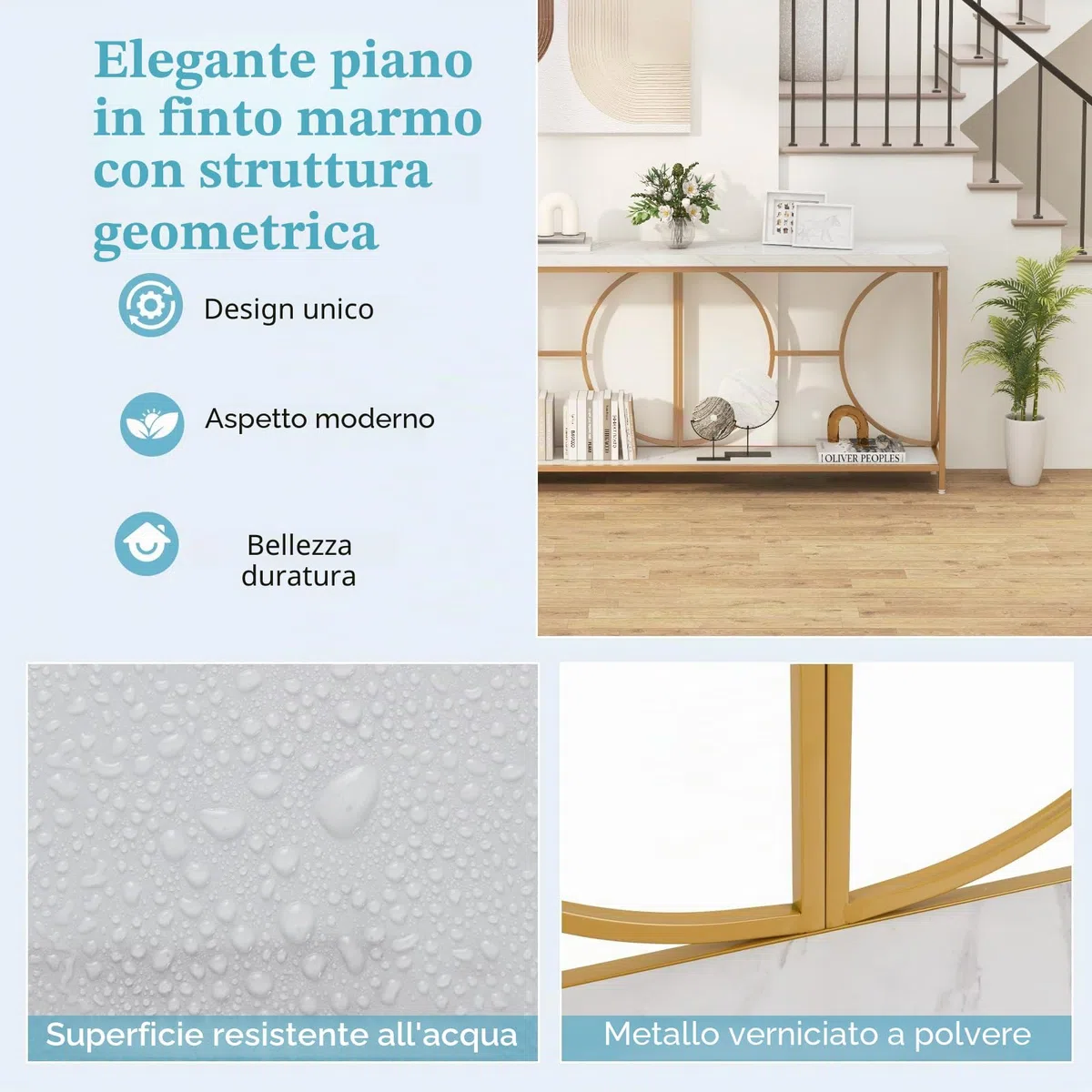 LIFEZEAL Consolle Ingresso Dorato, Lungo, 180x30x80cm, Tavolo Consolle a 2 Ripiani, con Effetto di Marmo, Moderno, Decorativo, Console Entrata, Corridoio, in Legno, Metallo, Max 50 kg, Oro e Bianco