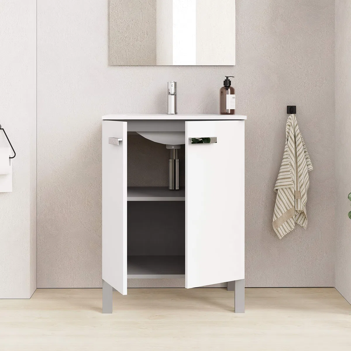 Baikal Neo, Melammina 16 mm Ceramica Specchio Mobili da Bagno con lavabo, Bianco, 60 cm