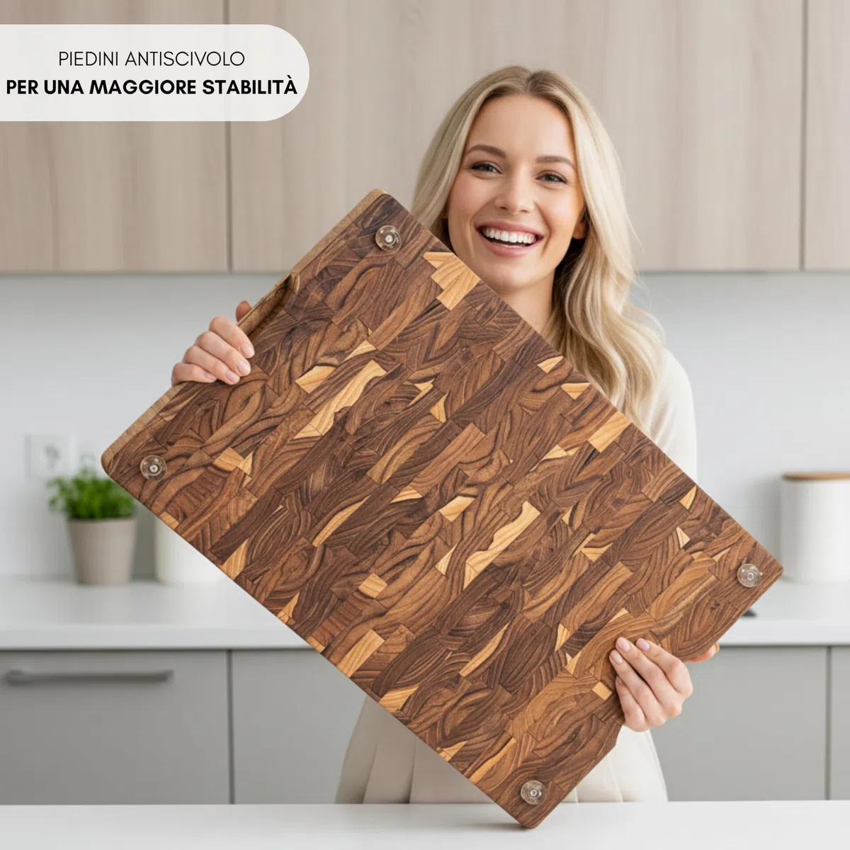 Erreke Tagliere da Cucina in Legno di Teak Naturale, 58x38x3,8 cm, End Grain XXL con Scanalatura Raccogli-Succhi, Piedini Antiscivolo e Manici, Tagliere Legno Cucina