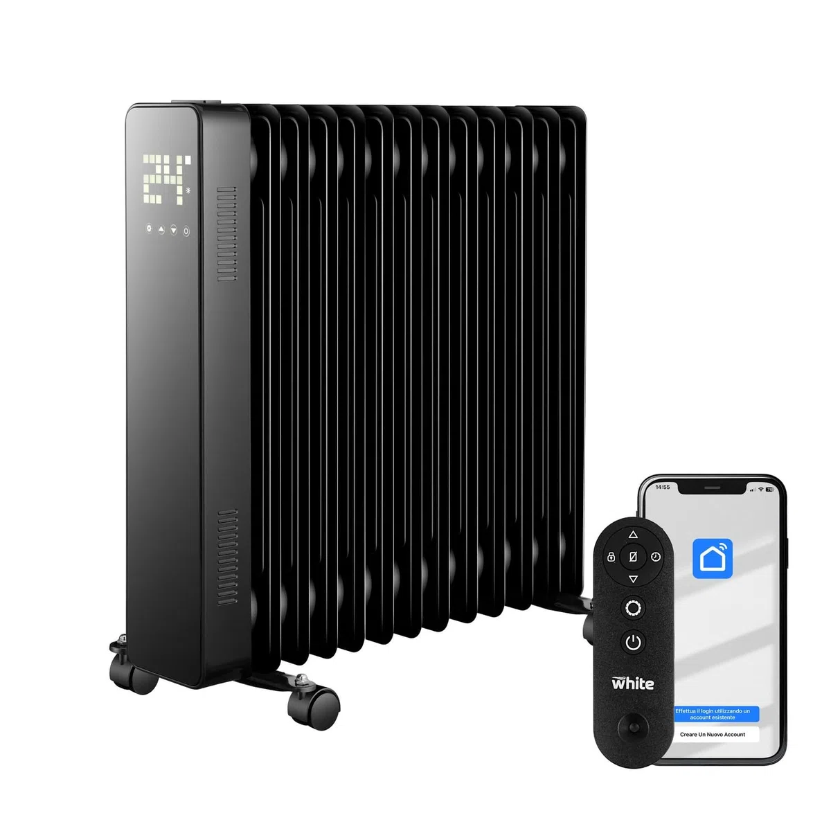 White - Radiatore Elettrico Ad Olio 13 Elementi. Stufa Elettrica A 240v. Telecomando Incluso, Funzione Touch. Display Led Luminoso. Calorifero Elettrico Con Ruote