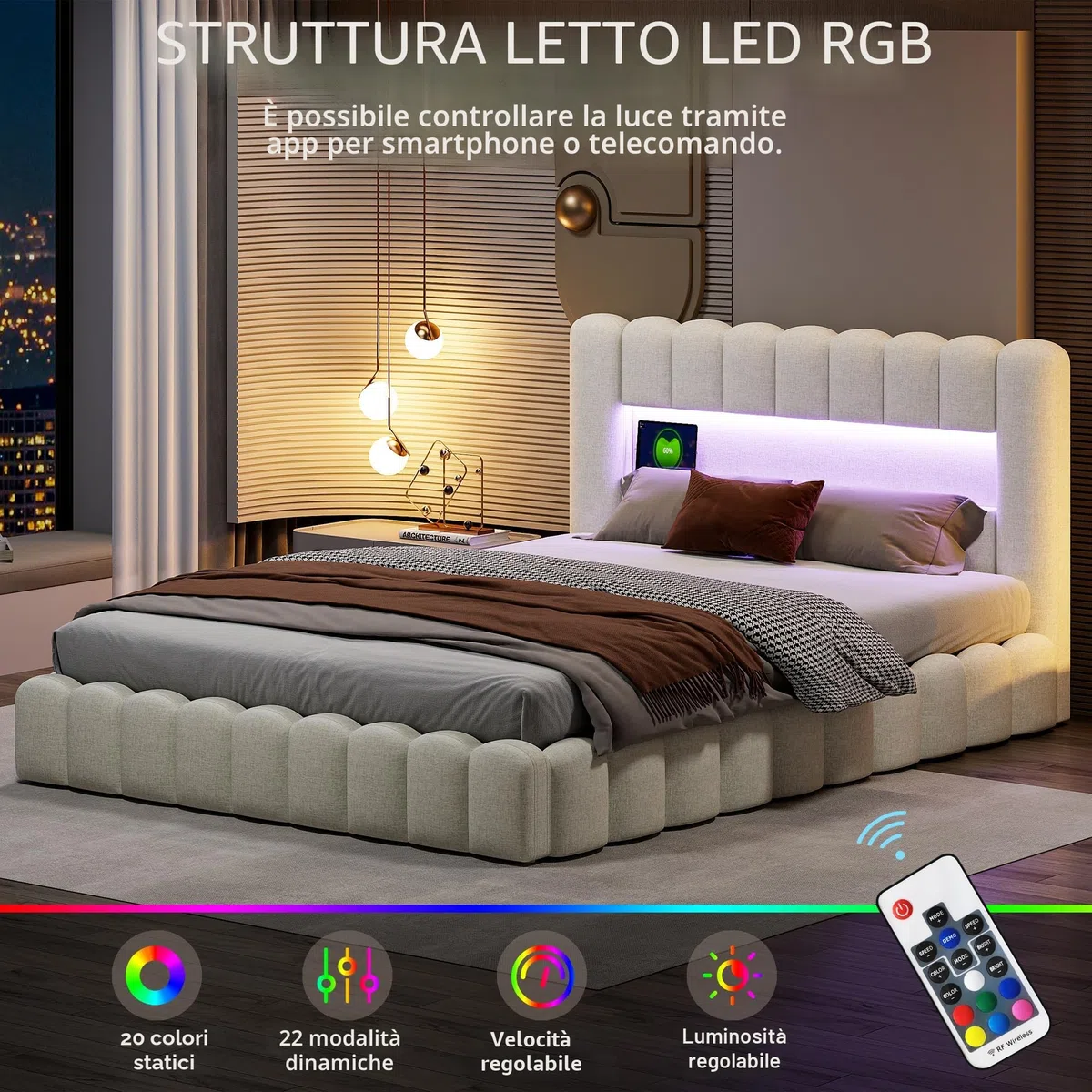 BRILVERDE Letto imbottito 180x200,Letto matrimoniale con contenitore,Testiera con illuminazione a LED e ricarica USB, con rete a doghe, Beige, lino, materasso non incluso