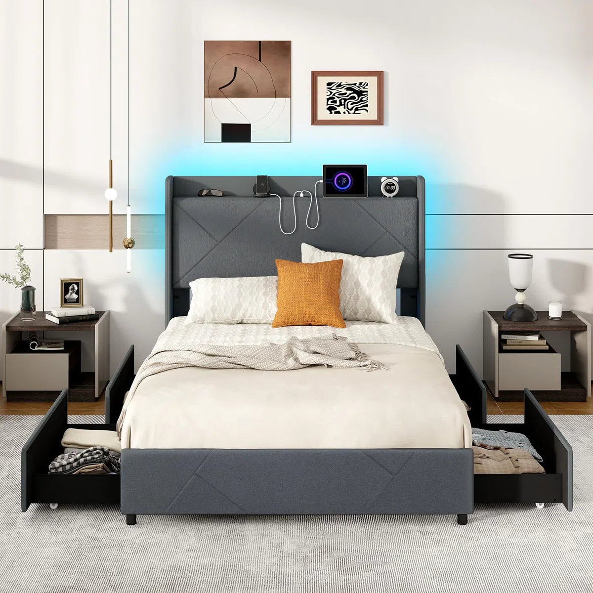 COSTWAY Letto Matrimoniale 140 x 200 cm, Letto Imbottito con Testiera, Luci LED, Stazione di Ricarica, 2 Tasche e 4 Cassetti, Carico 500kg, Silenzioso