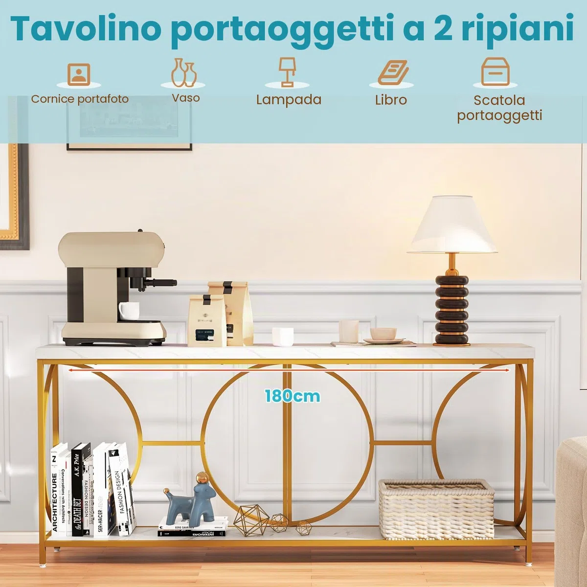 LIFEZEAL Consolle Ingresso Dorato, Lungo, 180x30x80cm, Tavolo Consolle a 2 Ripiani, con Effetto di Marmo, Moderno, Decorativo, Console Entrata, Corridoio, in Legno, Metallo, Max 50 kg, Oro e Bianco