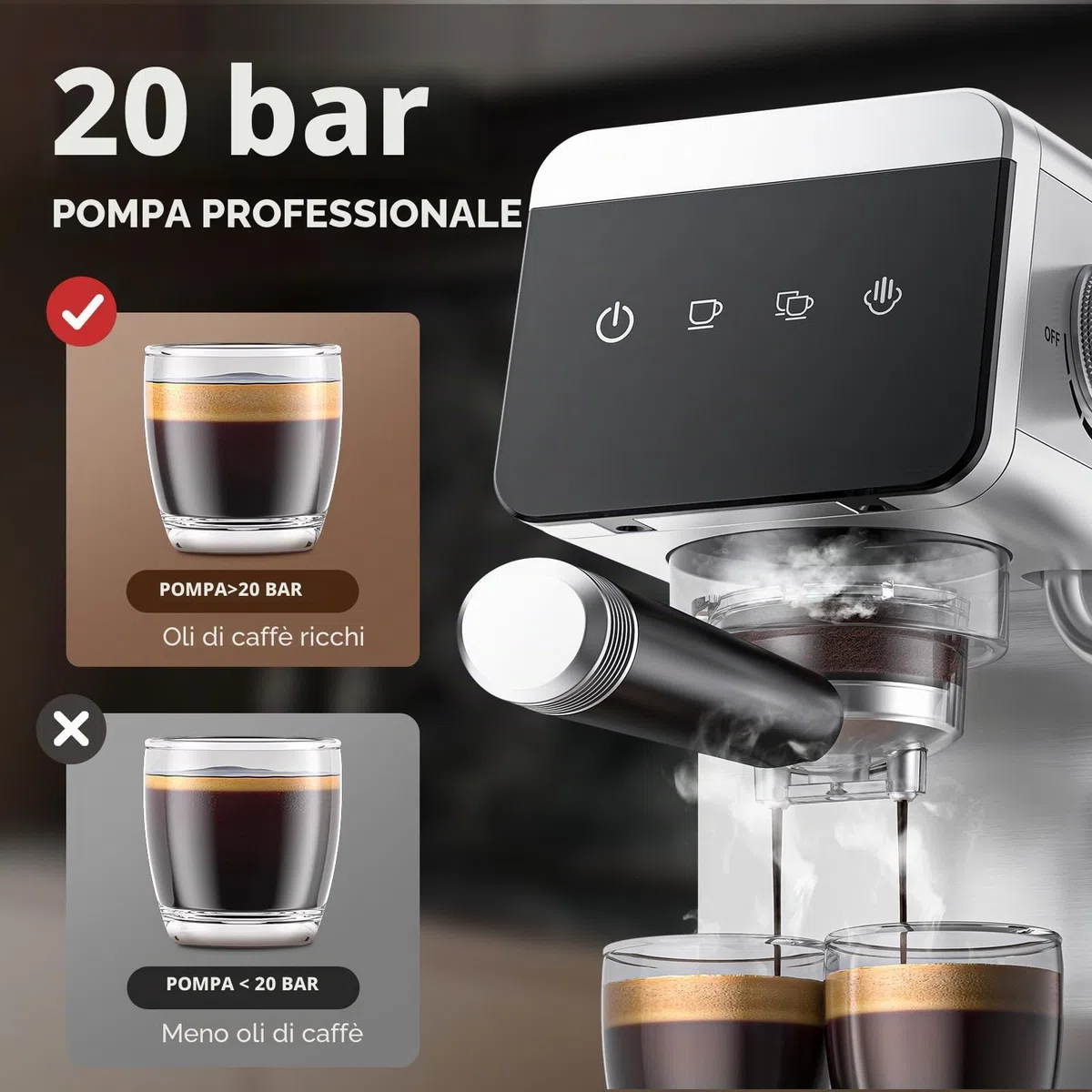 AMZCHEF Macchina per caffè espresso 20 bar con indicatore LED Home 2 in 1 con serbatoio rimovibile da 1,2 l, per regali domestici, compatta in acciaio inox, 1350 W