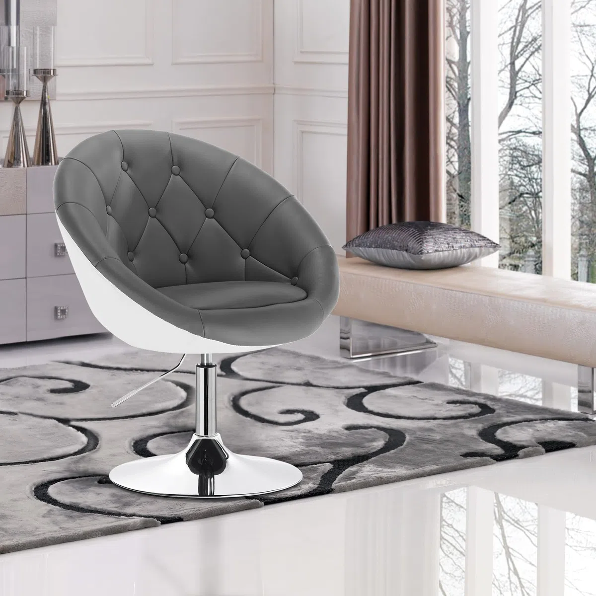 WOLTU Poltroncina da Bar Sgabello Girevole Sedia con Schienale Braccioli in PU Altezza Regolabile Grigio+Bianco