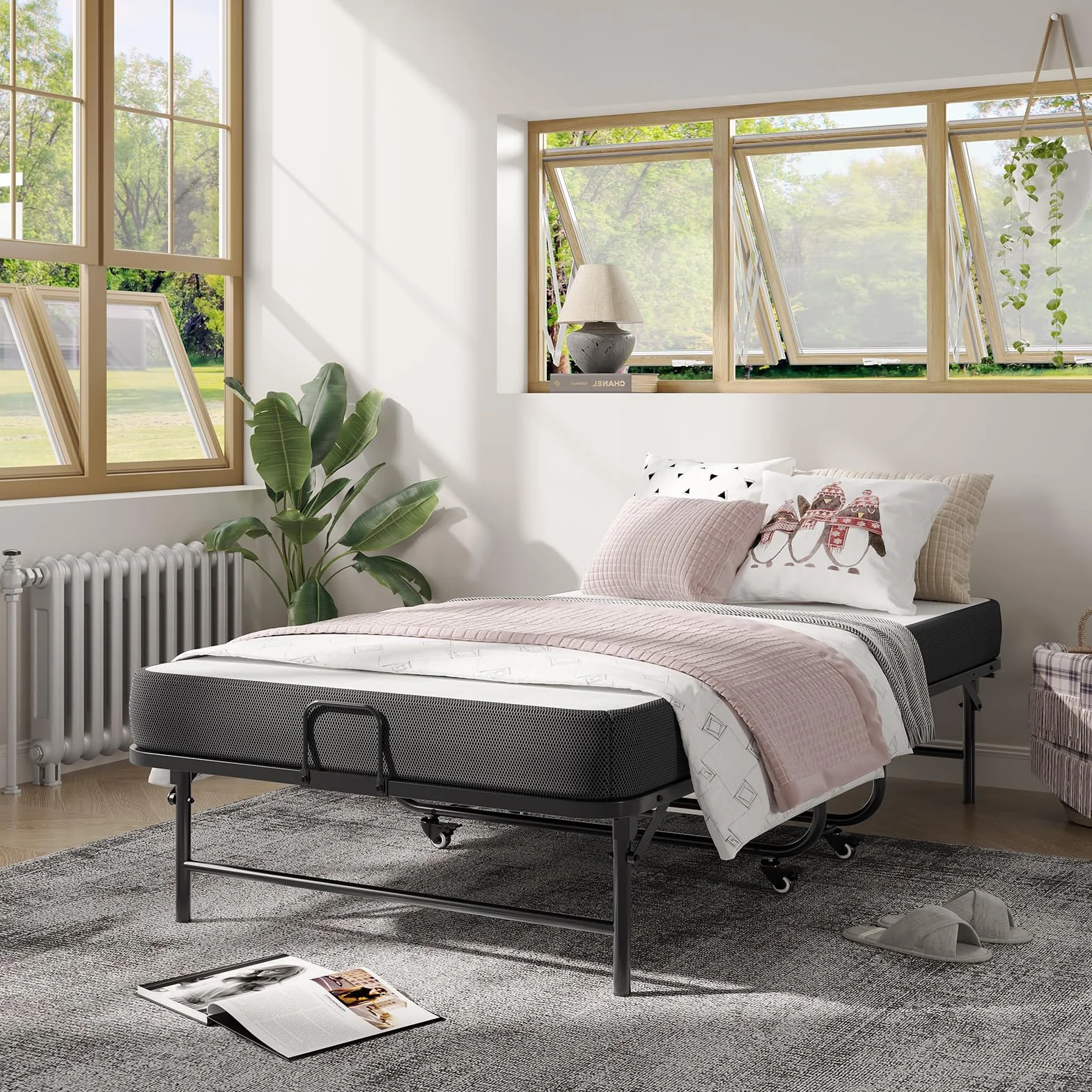 Brinlawb Brandina Pieghevole con Materasso Spesso 10 cm, 90 x 200 cm Letto Pieghevole Singolo con Materasso Letto per Ospiti con Struttura in Robusta Metallo e 4 Ruote Letto a Scomparsa, Fino a 200 kg