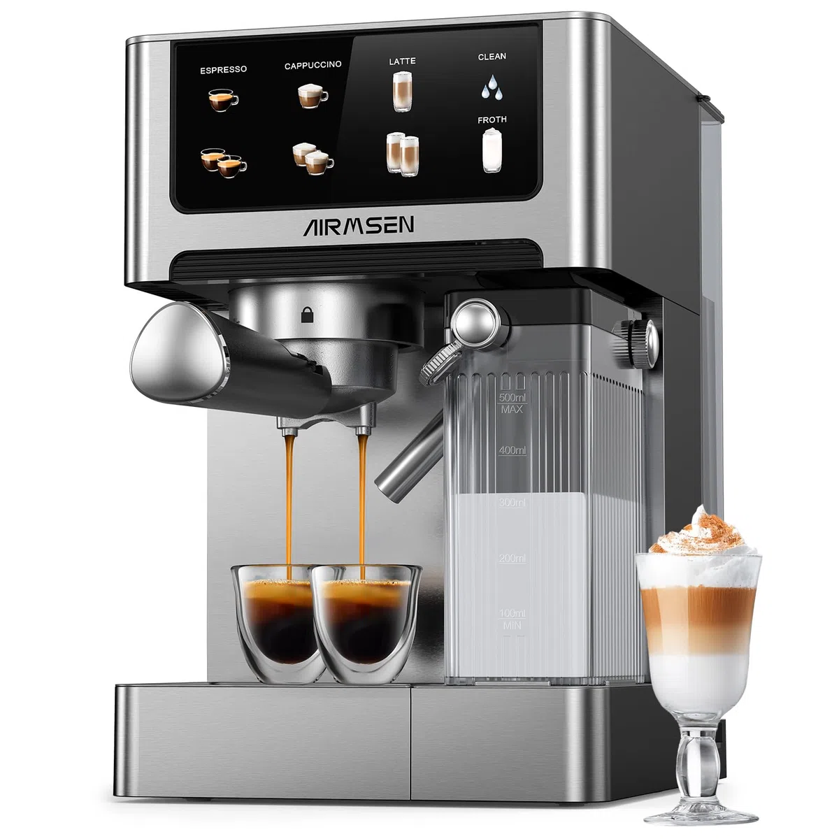 AIRMSEN 20 Bar Macchina Espresso per Casa con Frotheria Automatica, Cappuccino & Latte Caffè Macchina, Doppio Boiler Quick Estrazione (1350W+1000W), Acciaio Inox, Serbatoio d'Acqua 1.8L, Touchscreen