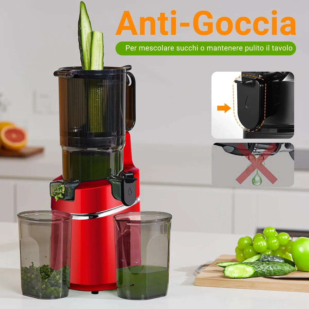 AMZCHEF Estrattore Automatico, Apertura 135MM e Capacità 1,8L Estrattore Frutta e Verdura Intera, 250W Estrattori di Succhi Professionale con Triplo Filtro - Rosso