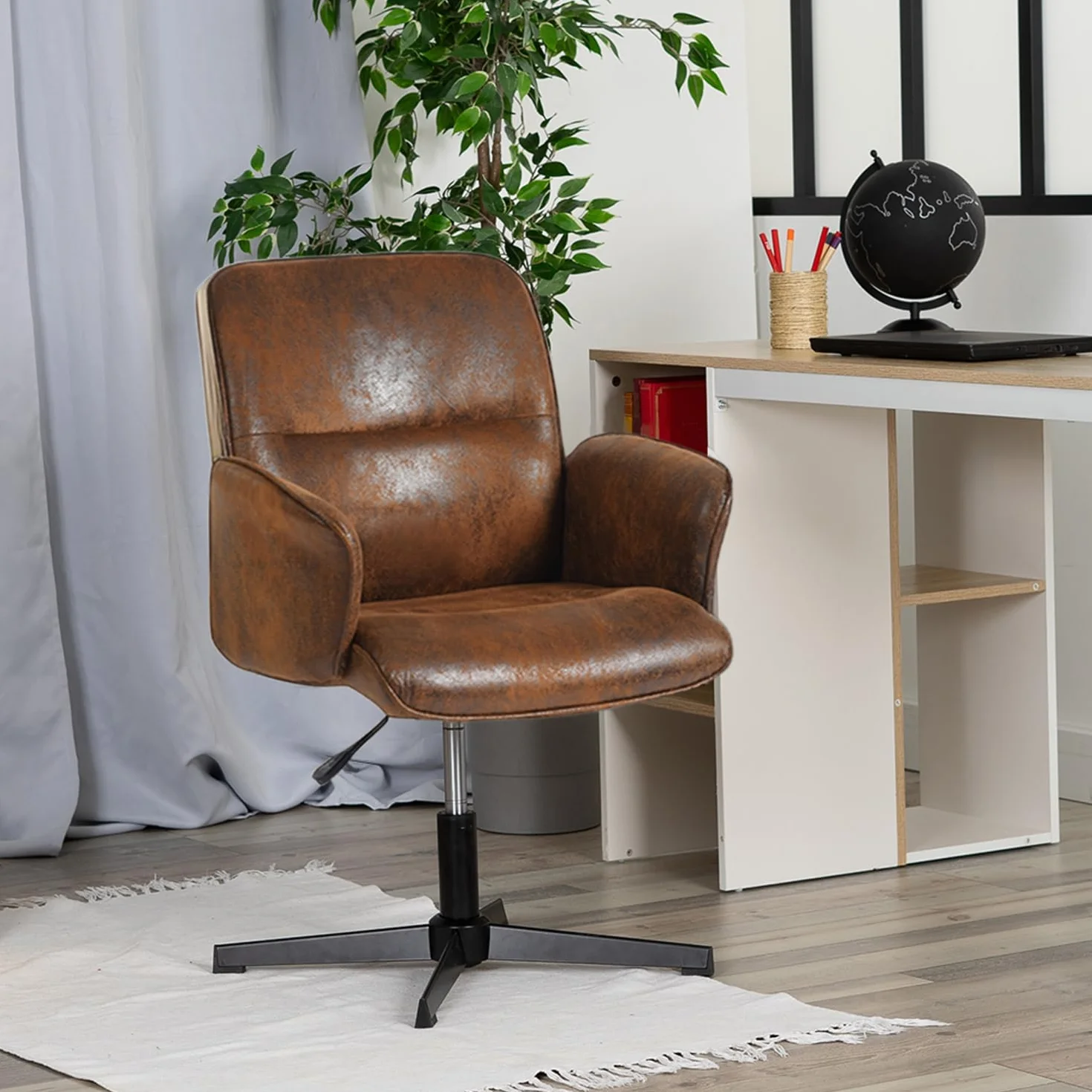 MEUBLE COSY Sedia da Ufficio Girevole Regolabile in Altezza Poltrona da Toelette Scrivania Seduta in Pelle Scamosciata per Studio Camera da Letto, Marrone