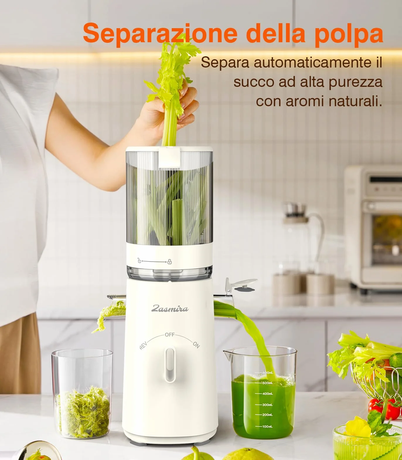 Estrattore Frutta e Verdura, Zasmira Estrattore con Scivolo di Alimentazione da 120 mm, Kein Vorschneiden Entsafter für Gemüse und Obst,Purezza del Succo del 99,6%/REV-Modus/Einfacher zu Reinigen