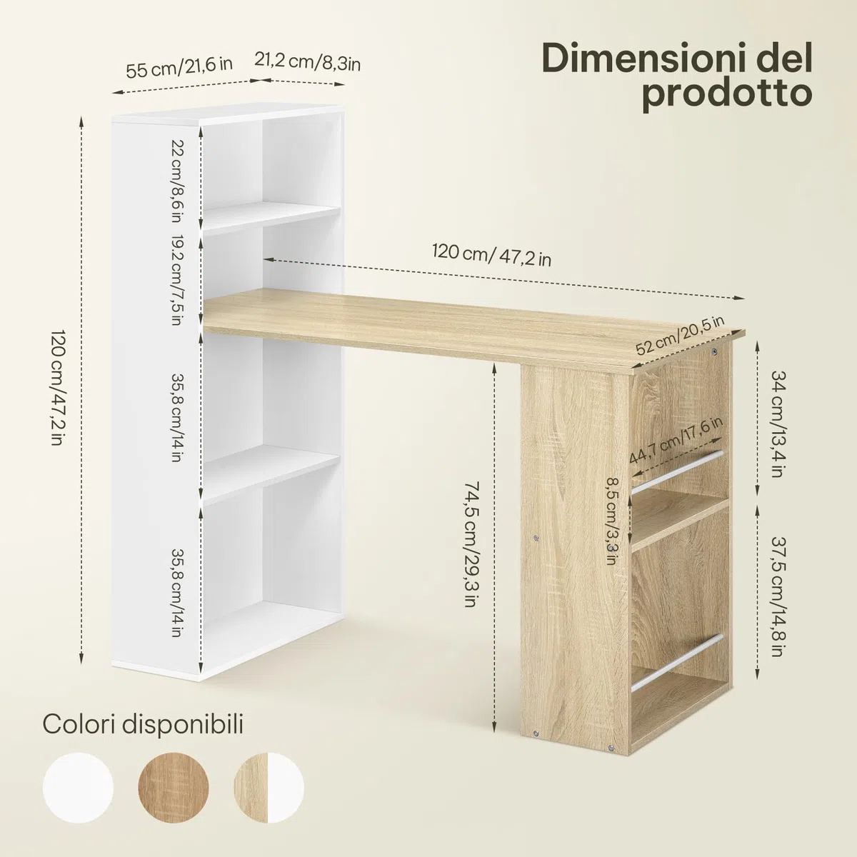 eSituro Scrivania Ufficio Compatta con Libreria Integrata - Design Salvaspazio per Studio/Camera, 120x55x122 cm, Bianco Lucido e Rovere Naturale