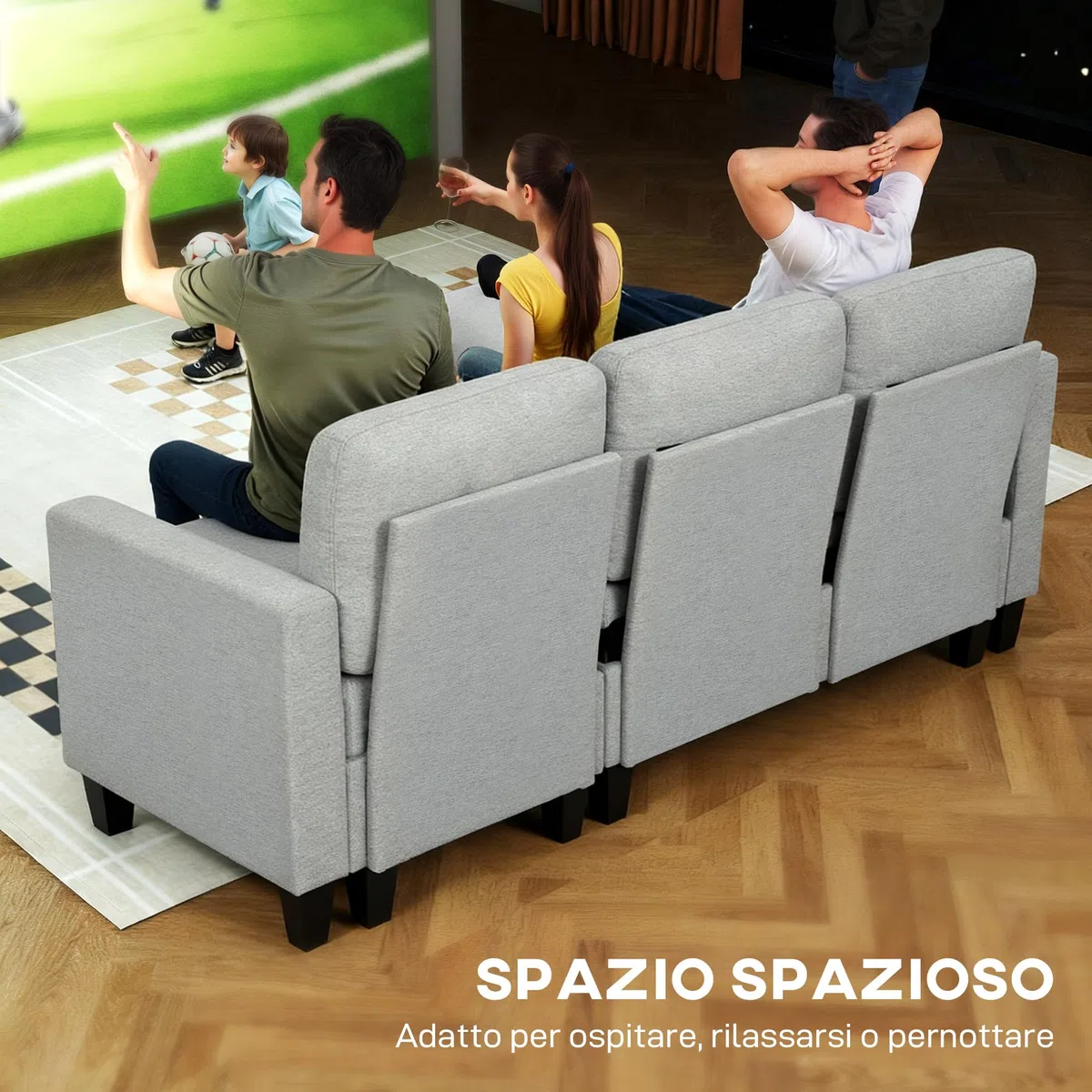 HOMCOM Divano Letto 3 Posti con Chaise Longue Convertibile, Divano Angolare con Vano Portaoggetti, Cuscini Sfoderabili in Tessuto Effetto Lino, per Soggiorno Salotto, 197x129x85 cm, Grigio Chiaro