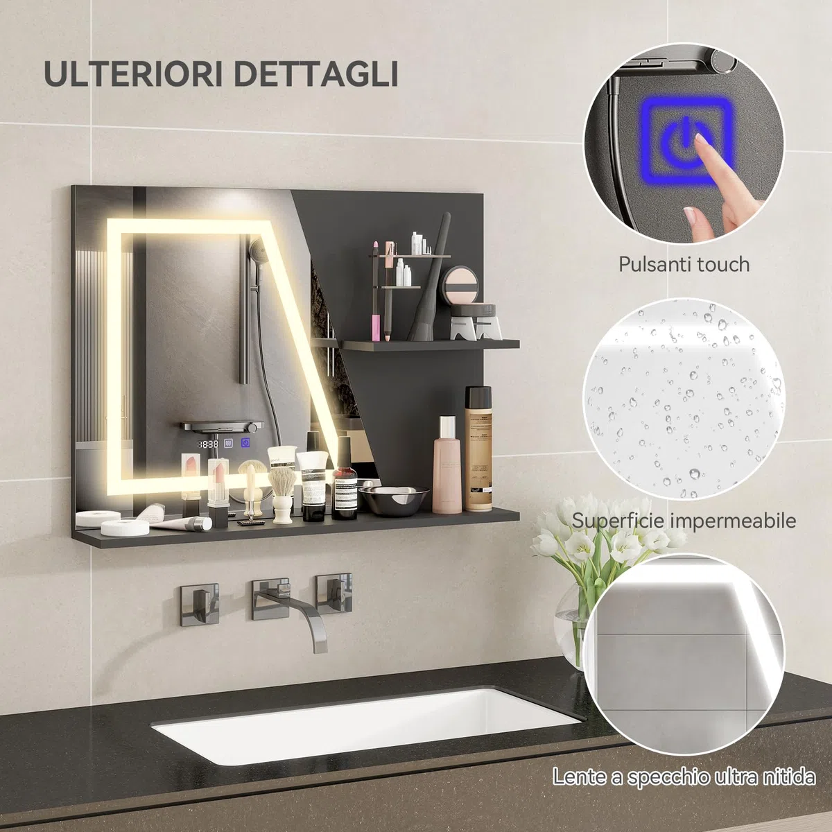 YU YUSING Specchio Bagno LED 80x60 cm con 2 Ripiani, Specchio da Parete con Led, 3 Colori, Luce Regolabili, Contro Touch, Display dell'Ora e Temperatura, Antiappannamento, IP44, Moderno, Nero