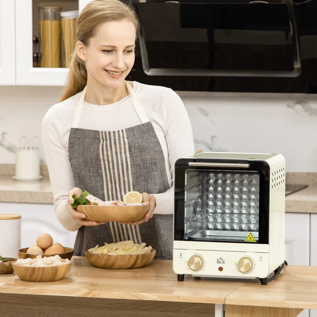 HOMCOM Mini forno 15L, forno per pizza a convezione, 1000 W Mini forno elettrico con set di teglie, vassoio per le briciole, timer di 1 ora, 60-230℃, bianco crema
