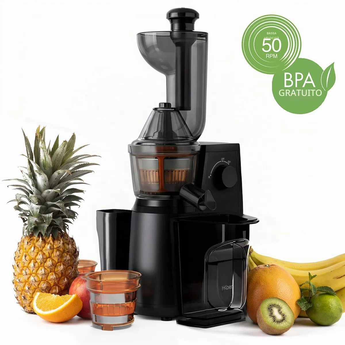 H.Koenig GSX24 Estrattore verticale per frutta e verdura senza BPA - Bocca larga 82 mm - 3 filtri per succhi sottili o spessi e sorbetti - Slow juicer Pressione delicata - 50 giri al min 400 W