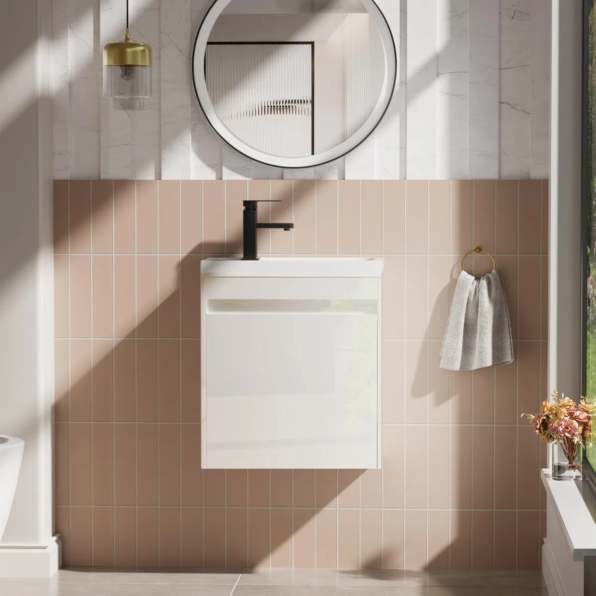 UEV Mobile da Bagno Sospeso 50 cm con Lavabo in Resina, 3-in-1 Set Arredo Bagno con Rubinetto Efficiente, Scarico POP-UP, Mobiletto con Ampio Spazio di Archiviazione