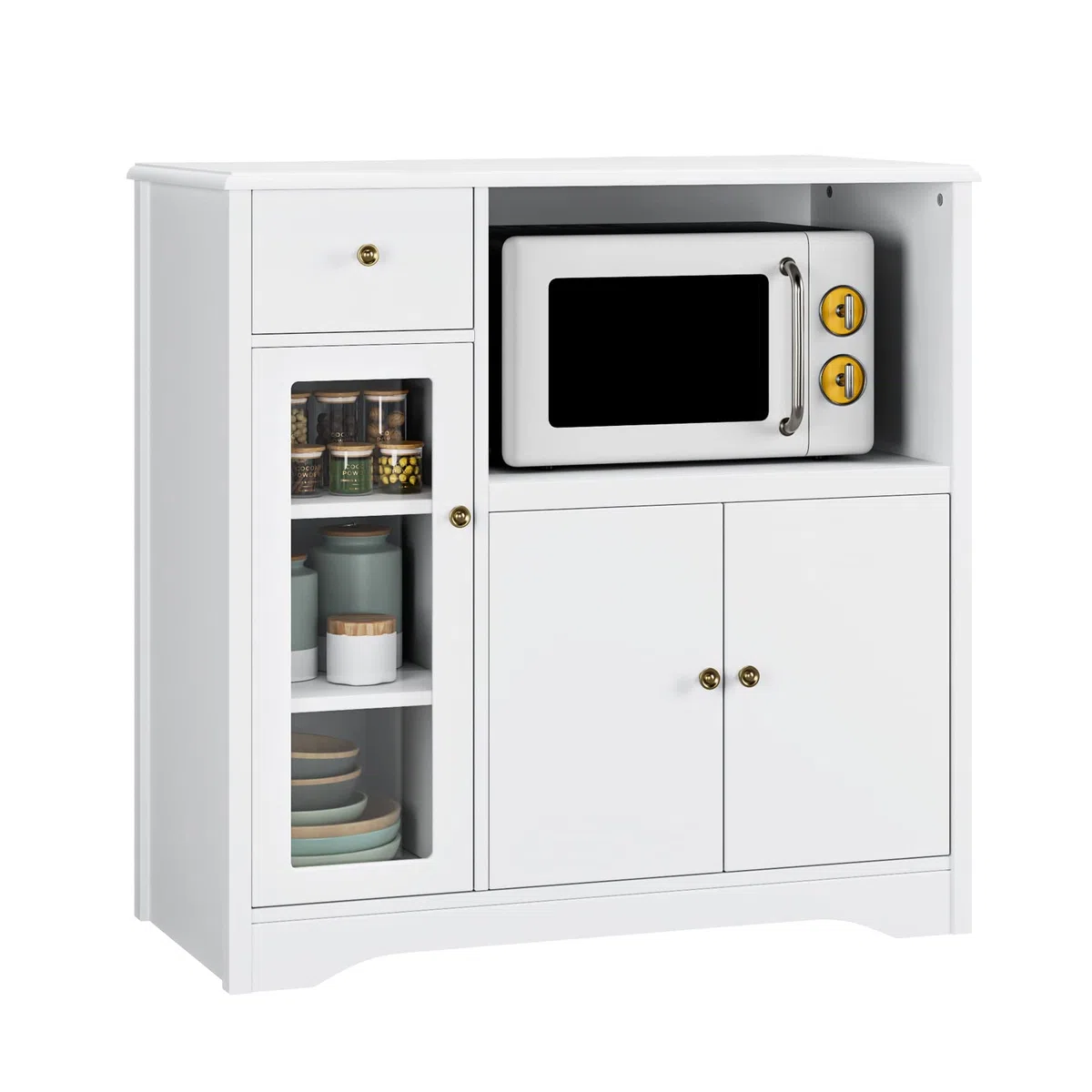 HOCSOK Credenza Microonde Cucina, Credenza Soggiorno Moderno, Armadietto da Terra con 3 Ante, adatto per Cucina, Soggiorno, Bianco, 90x40x82cm