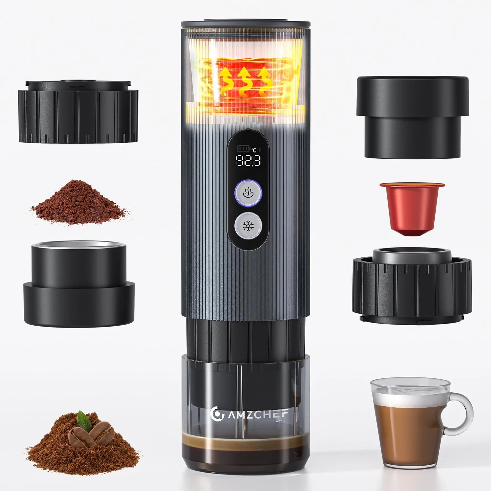 AMZCHEF Macchina Caffe Portatile 20 Bar – Ricaricabile USB-C, Compatibile con Capsule e Caffè Macinato – Macchina da caffè espresso elettrica portatile per Campeggio, Ufficio, Auto,Alluminio