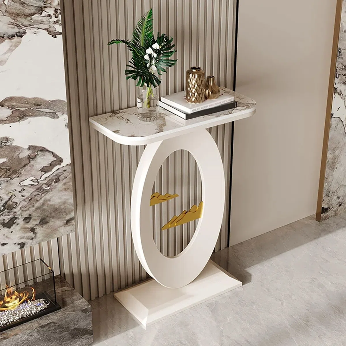 Moderno consolle ingresso, Pietra sinterizzata consolle dietro divano, Corridoio Decorativo tavolo ingresso, Soggiorno tavolo consolle, Supporto in acciaio al carbonio.(Off-white+White,60*30*75cm)
