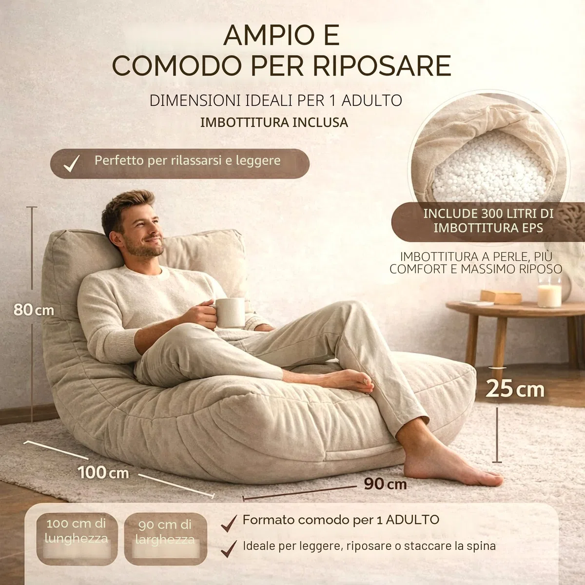 Aiire Pouf Poltrona Sacco di Design - Puff per Sedersi in Cotone con Imbottitura Inclusa - Bean Bag Chair per Salotto, Camera da Letto o Lettura - Pouffe Moderno Beige