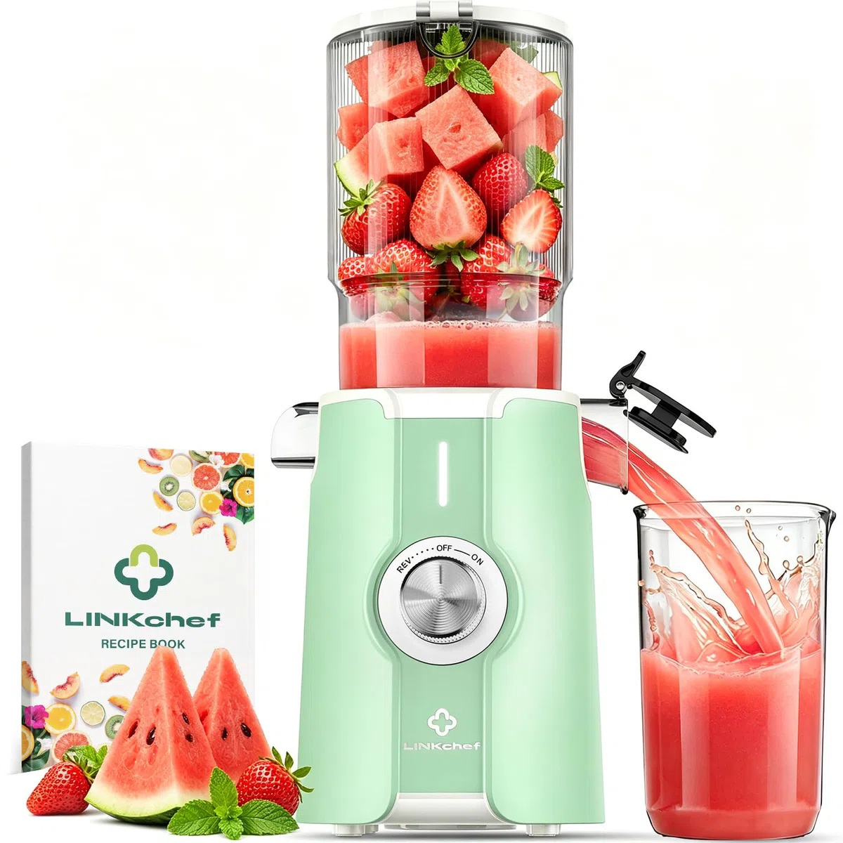LINKChef Estrattore di succo per frutta e verdura, apertura 115 mm, 1,2 L, 200 W, slow juicer machine per frutta e verdura intere, senza BPA, facile da smontare e pulire, ricette incluse,verde chiaro