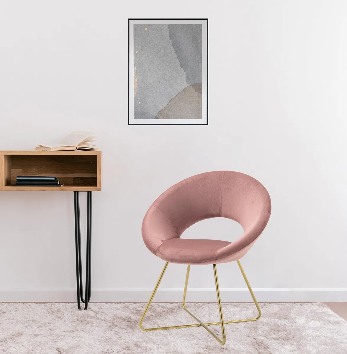Poltrona Tonda Camera da Letto in Velluto Design Moderno, Sedia Imbottita Circolare con Gambe in Metallo Placcato Oro - Poltroncina per Salotto con Seduta Morbida Modello Grace - Rosa antico